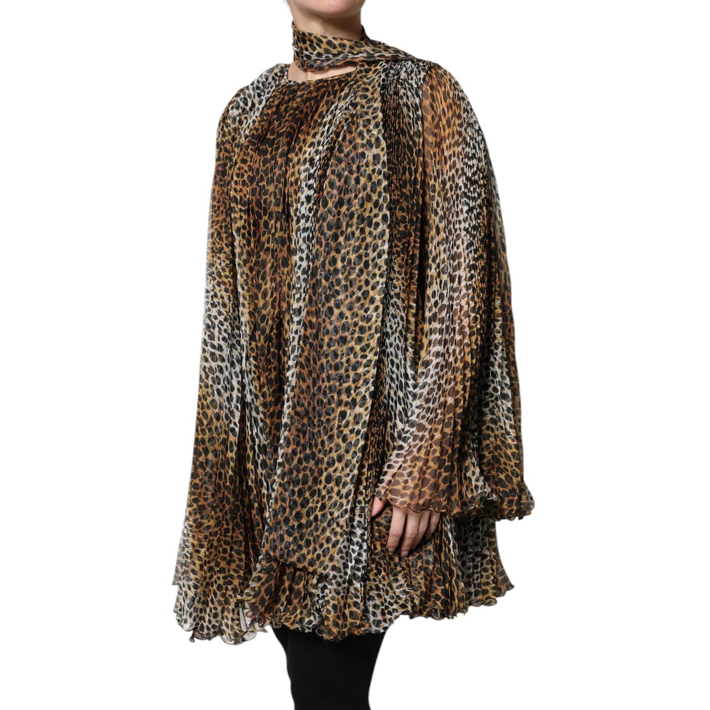 Dolce & Gabbana Brown Leopard Print Scarf Collared Chiffon Dress