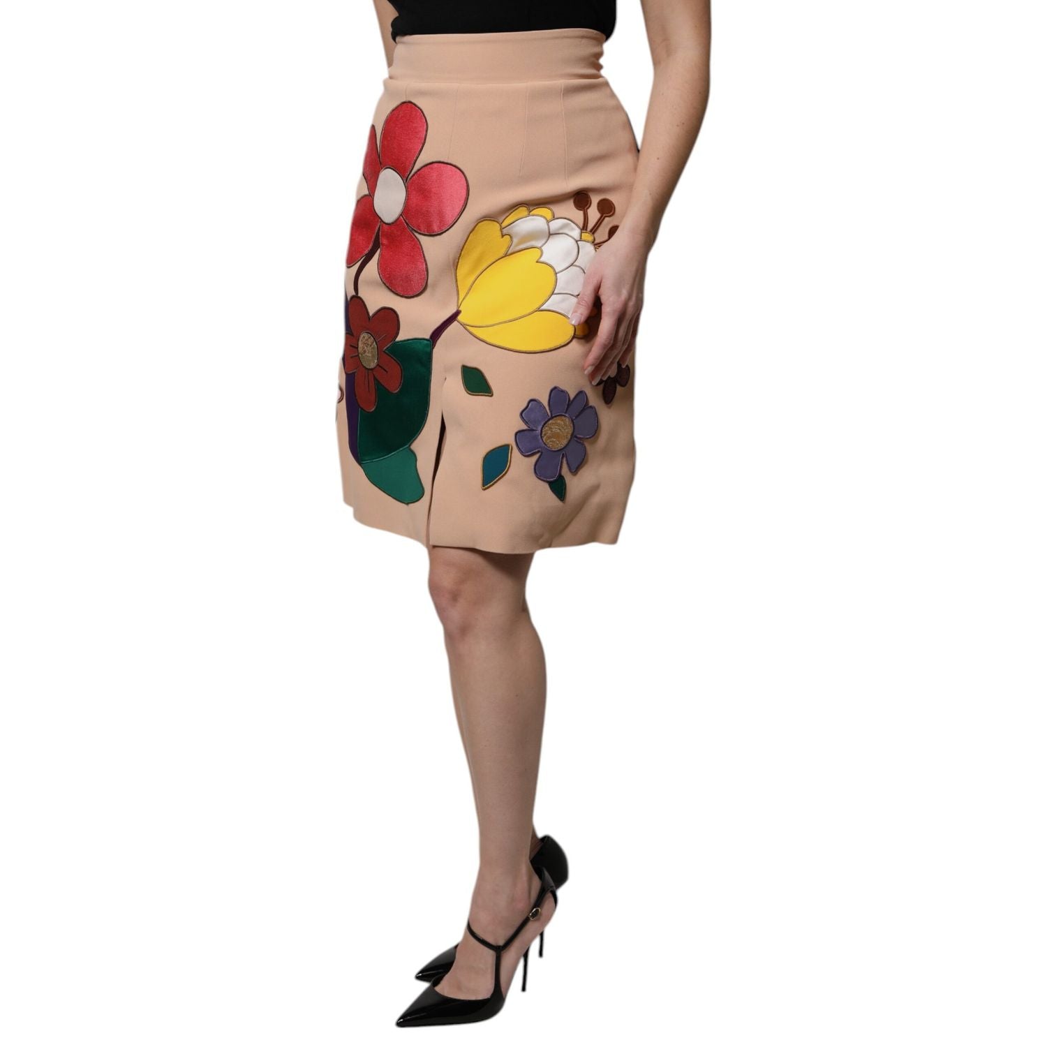 Dolce & Gabbana Beige Floral High Waist Pencil Cut Skirt