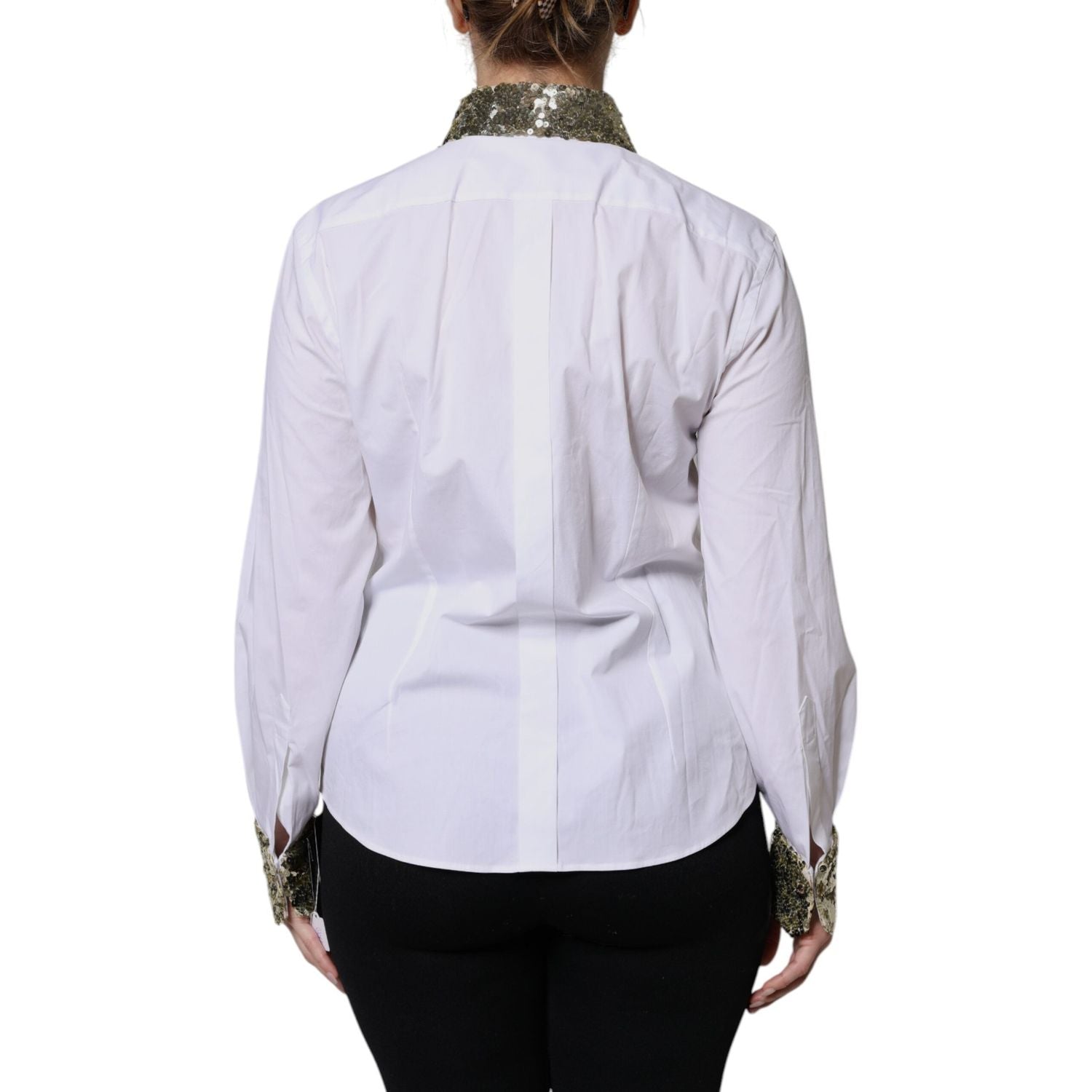 Dolce & Gabbana White Cotton Long Sleeves Sequin Shirt Top