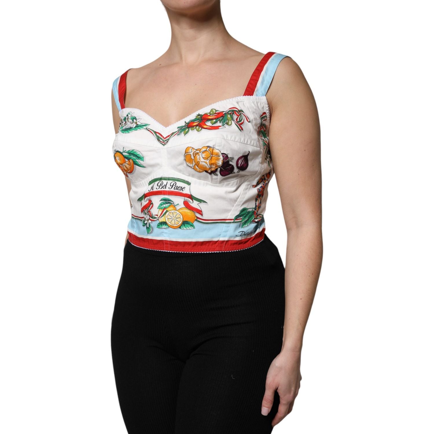 Dolce & Gabbana White Vegetable Print Sweetheart Cropped Top