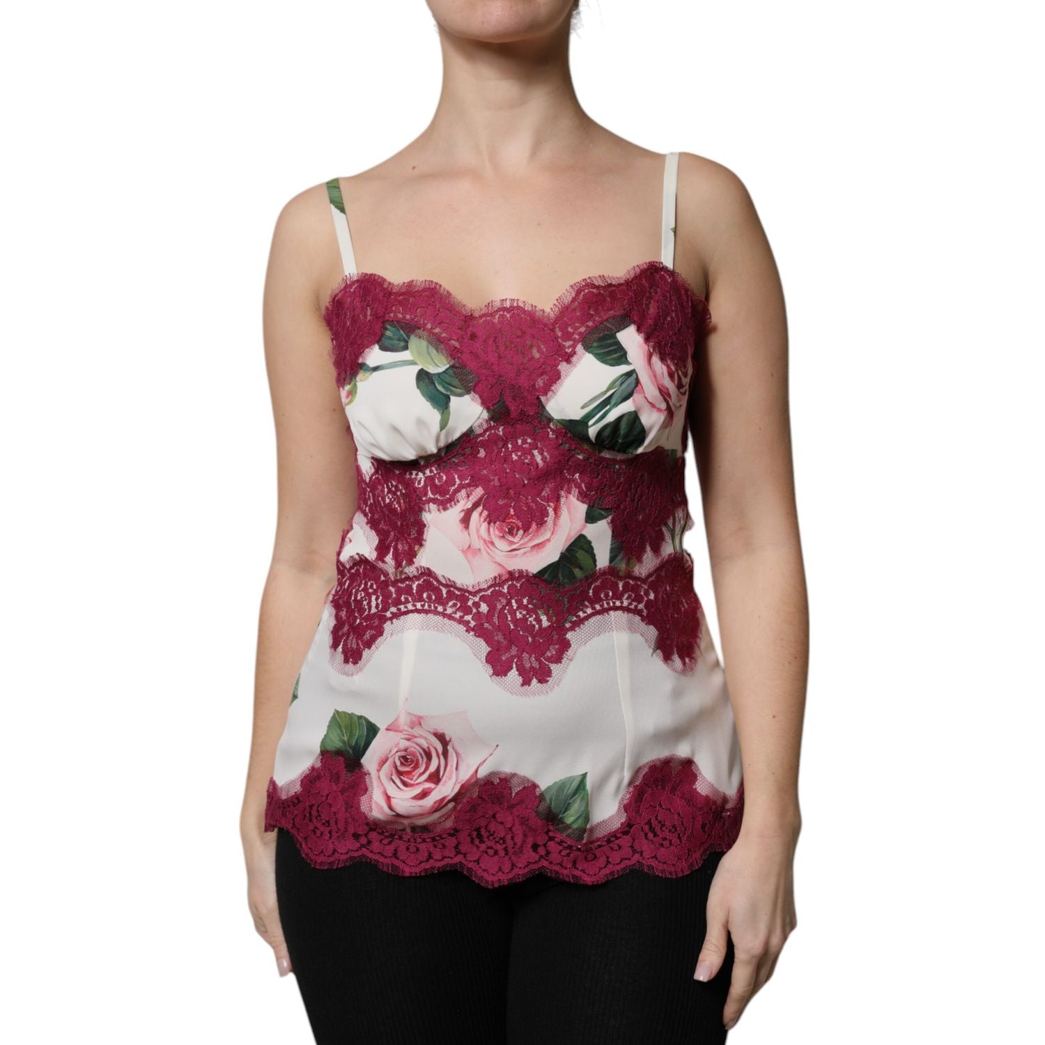 Dolce & Gabbana White Rose Print Satin Lace Tank Top Lingerie