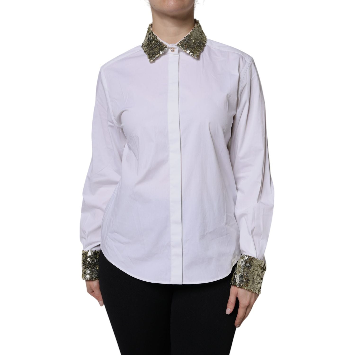 Dolce & Gabbana White Cotton Long Sleeves Sequin Shirt Top