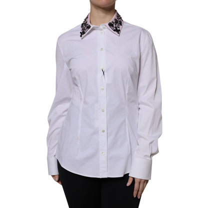 Dolce & Gabbana White Embellished Collared Dress Shirt Top