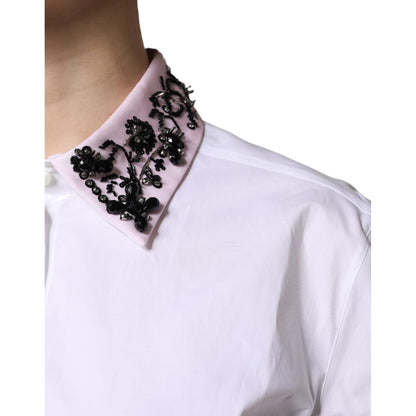 Dolce & Gabbana White Embellished Collared Dress Shirt Top