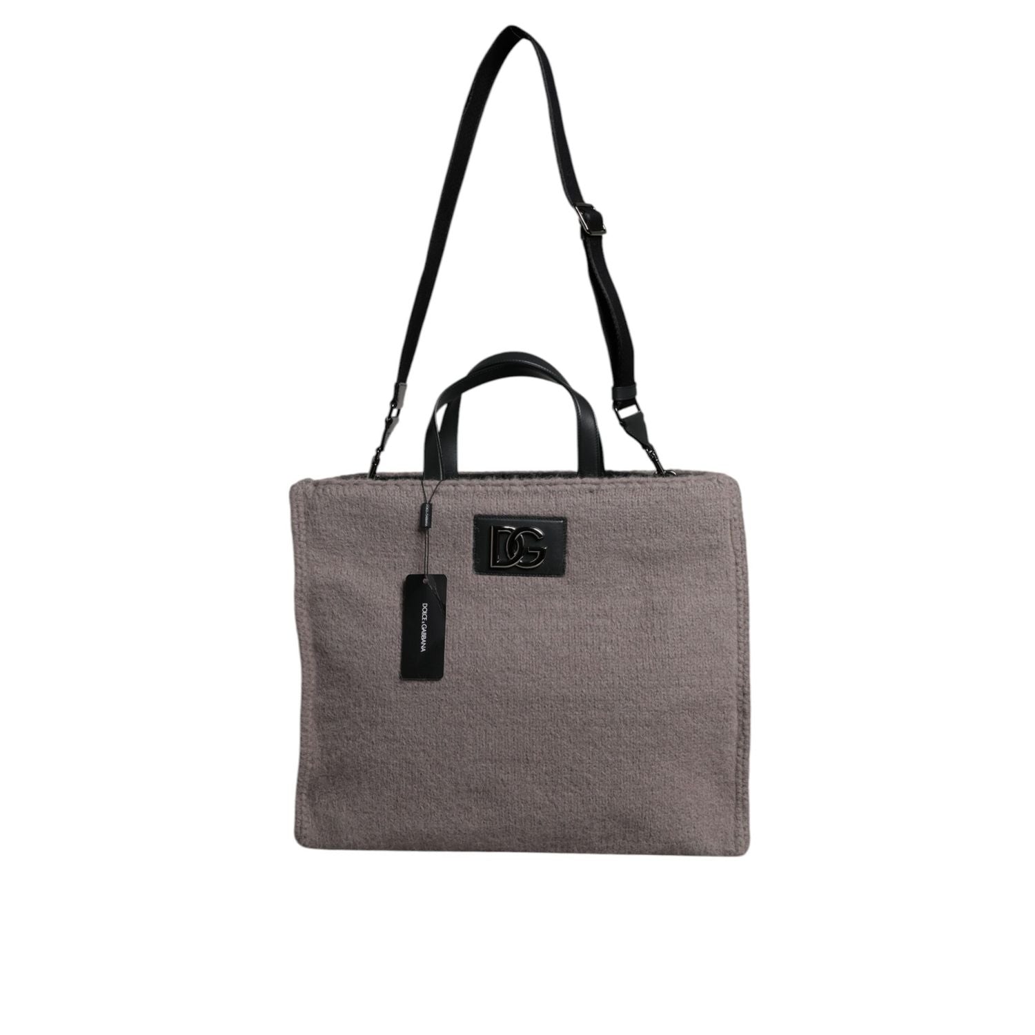 Dolce & Gabbana Grey Alpaca Wool Logo Plaque Tote Shoulder Bag