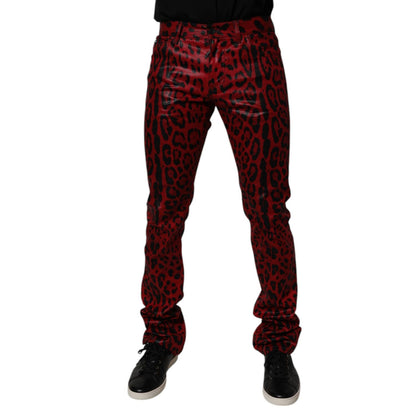Dolce & Gabbana Red Leopard Cotton Slim Fit Denim Jeans