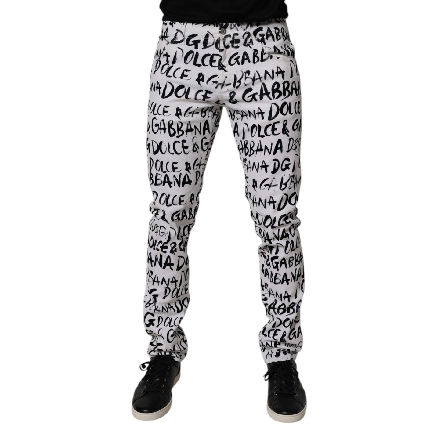 Dolce & Gabbana White Cotton Logo Print Skinny Denim Jeans
