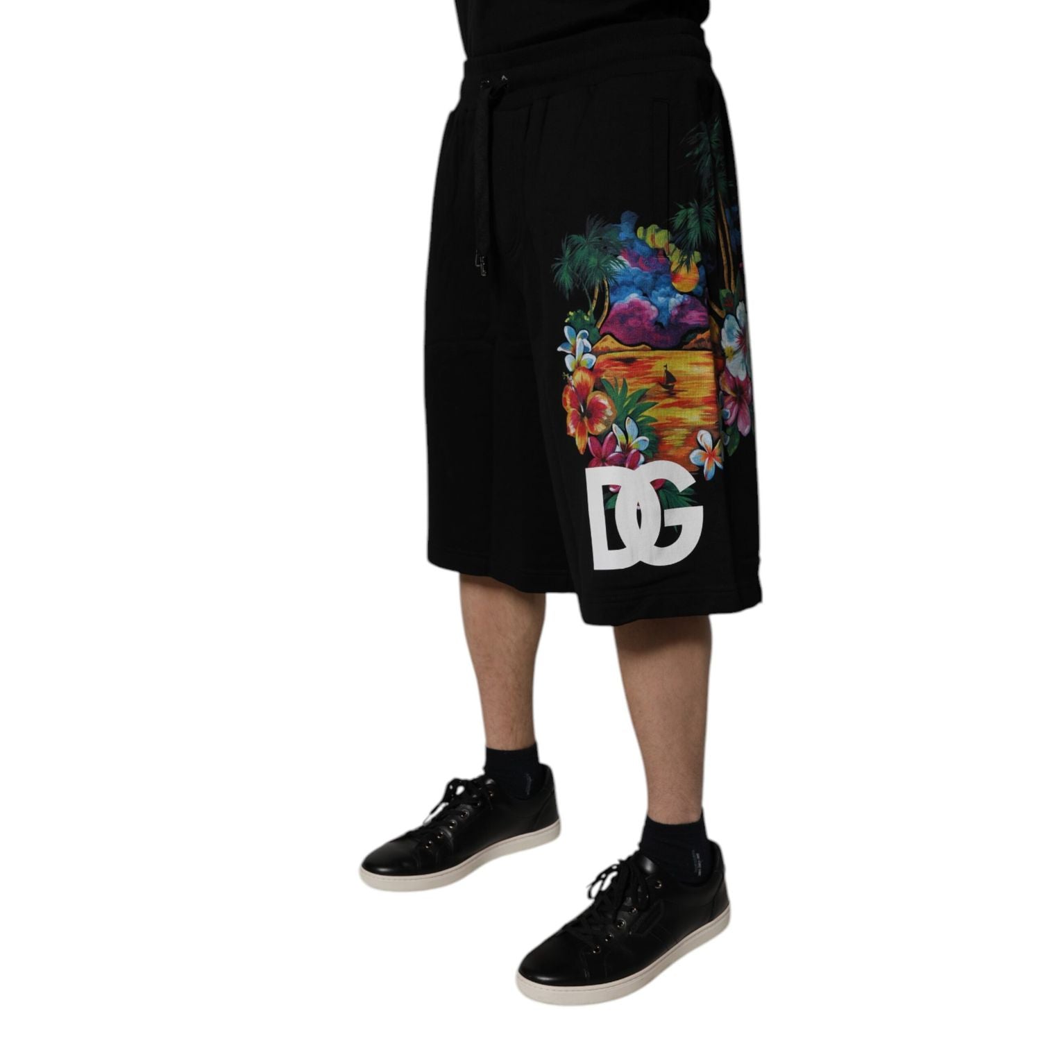 Dolce & Gabbana Black Cotton Logo Floral Print Bermuda Shorts