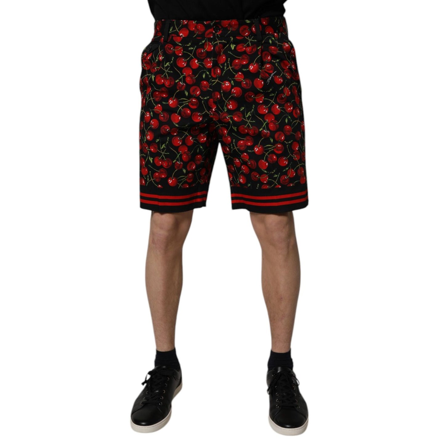 Dolce & Gabbana Black Red Cherry Print Bermuda Cotton Shorts
