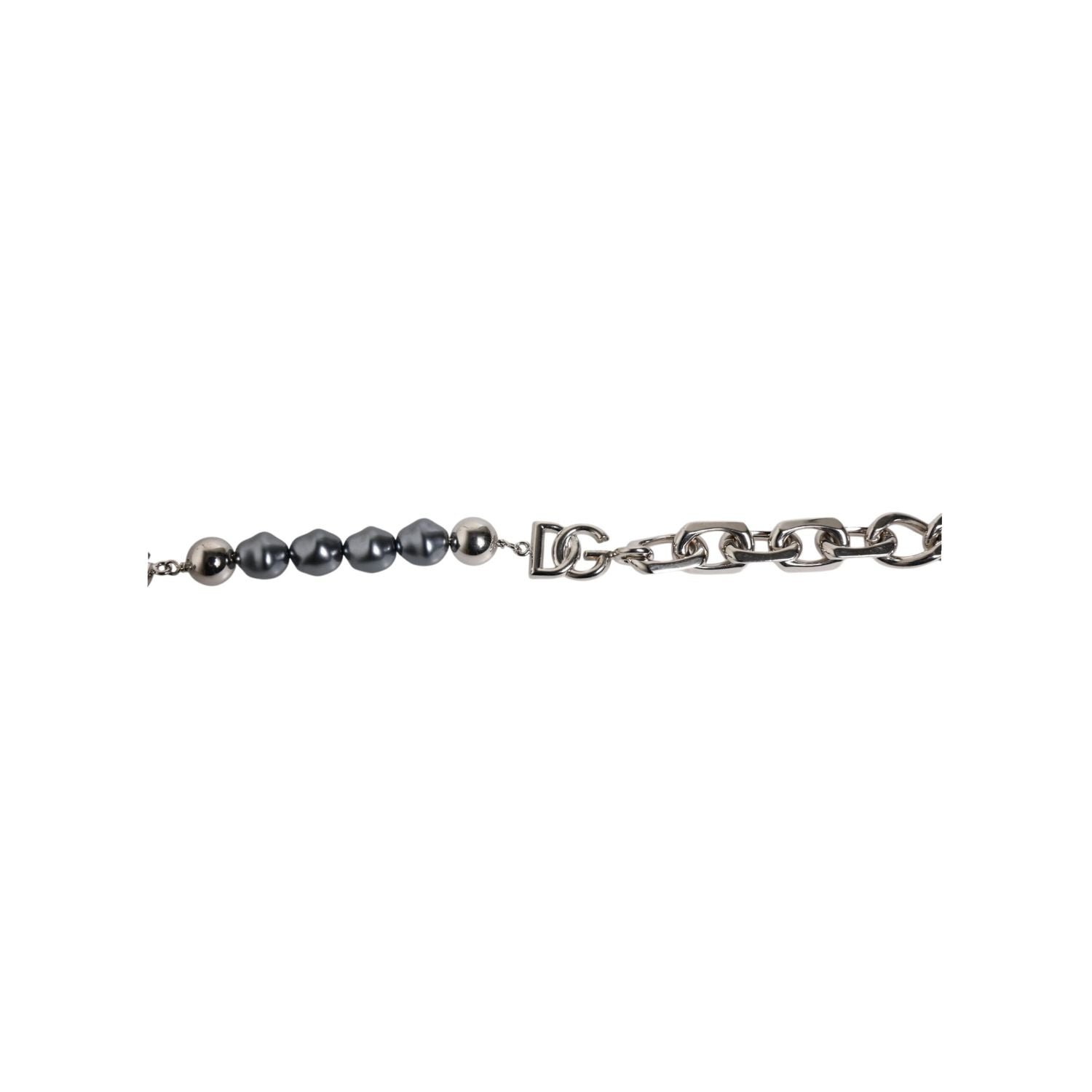 Dolce & Gabbana Silver Tone Chain Lobster Clasp Logo Gray Pearls Bracelet