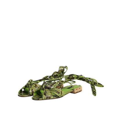 Dolce & Gabbana Green Animal Print Ankle Wrap Sandals Shoes