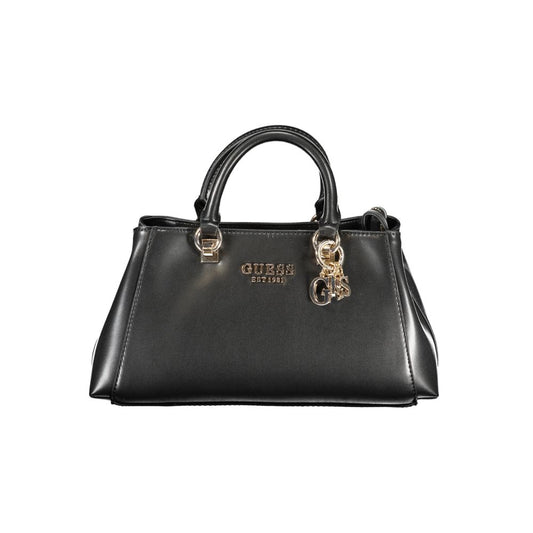 Guess Jeans Black Polyethylene Handbag with logo, two handles, adjustable strap, and multiple pockets. Elegant design with protective feet.