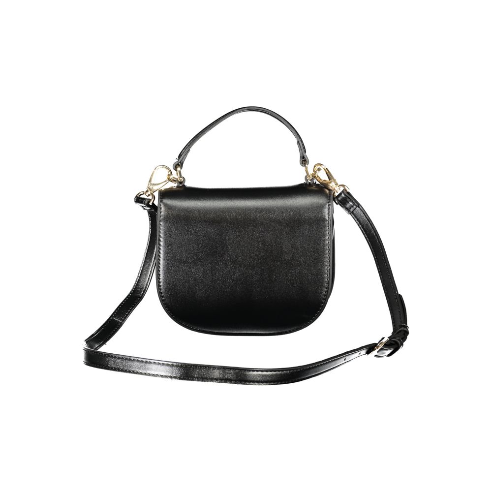 Mario Valentino Black Polyethylene Women Handbag with adjustable strap and handle, featuring sleek design and secure snap closure.