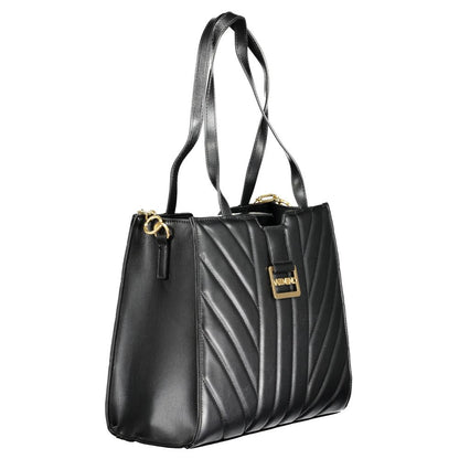 Mario Valentino Black Polyethylene Handbag with dual shoulder handles, removable chain strap, two compartments, and central pocket.