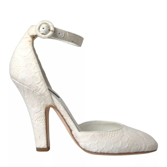 Dolce & Gabbana White Floral Jacquard Mary Janes Heels Pumps Shoes