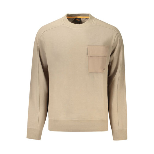 Hugo Boss Beige Cotton Men Sweater with crew neck and pocket detail, crafted from organic cotton for a modern stylish look.