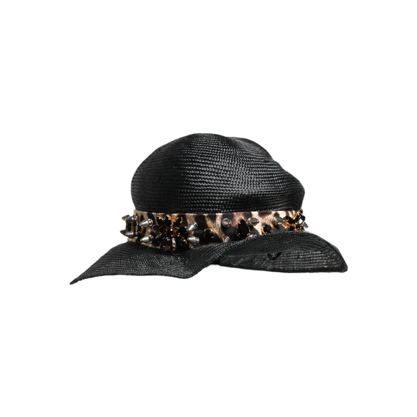 Dolce & Gabbana Black Straw Crystal Embellished Wide Brim Hat