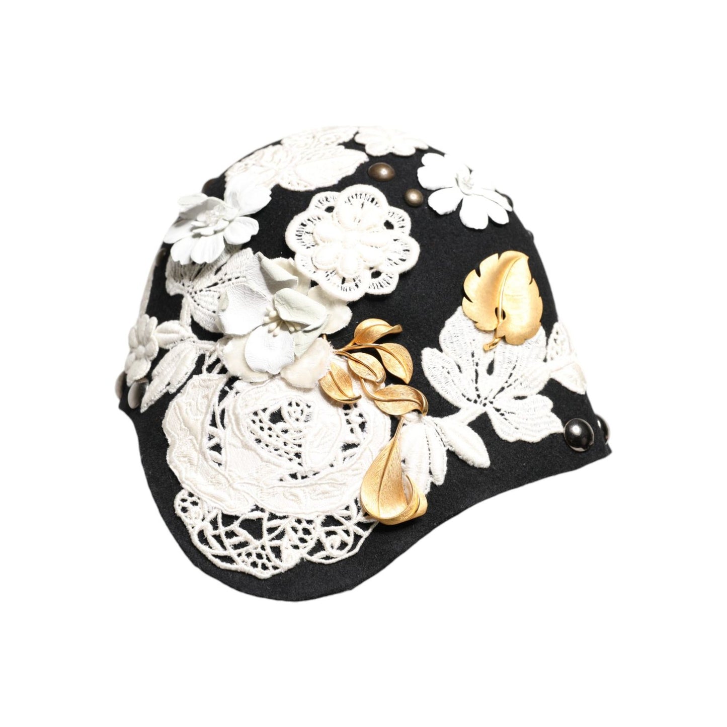 Dolce & Gabbana Black Wool White Floral Gold Leaf Cloche Hat
