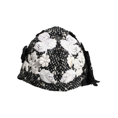 Dolce & Gabbana Black Wool White Floral Embellished Cloche Hat Dolce & Gabbana