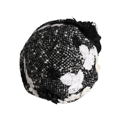 Dolce & Gabbana Black Wool White Floral Embellished Cloche Hat Dolce & Gabbana