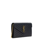 Saint Laurent Logoed Shoulder Bag with gold chain and embossed leather design, featuring iconic golden logo plaque and secure snap closure.