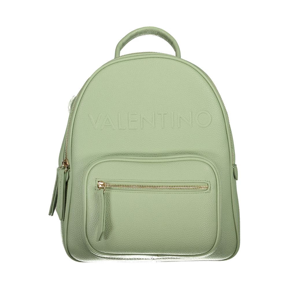 Mario Valentino Green Polyethylene Backpack with adjustable straps, external pocket, two compartments, internal pockets, and logo detail.
