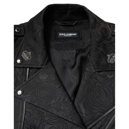 Dolce & Gabbana Black Brocade Cotton Full Zip Biker Jacket