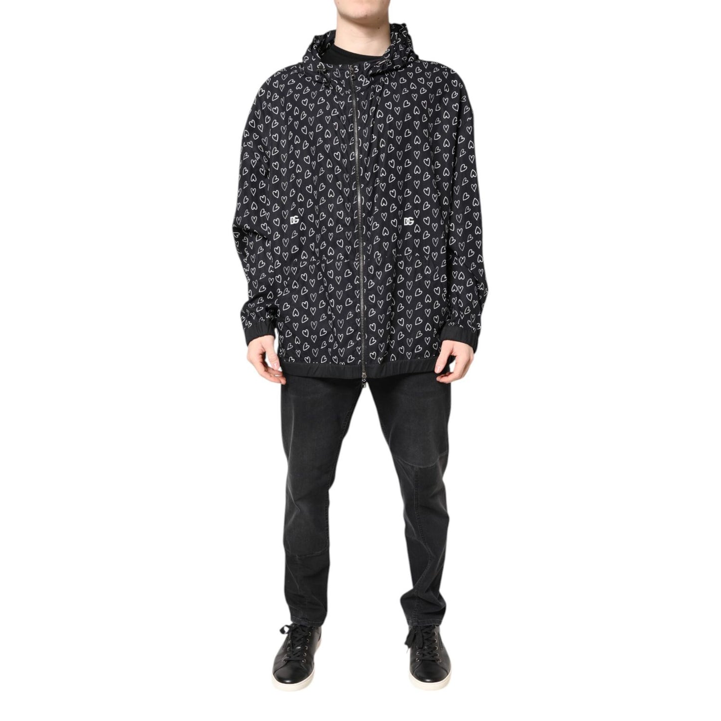Dolce & Gabbana Black Heart Print Hooded Windbreaker Jacket