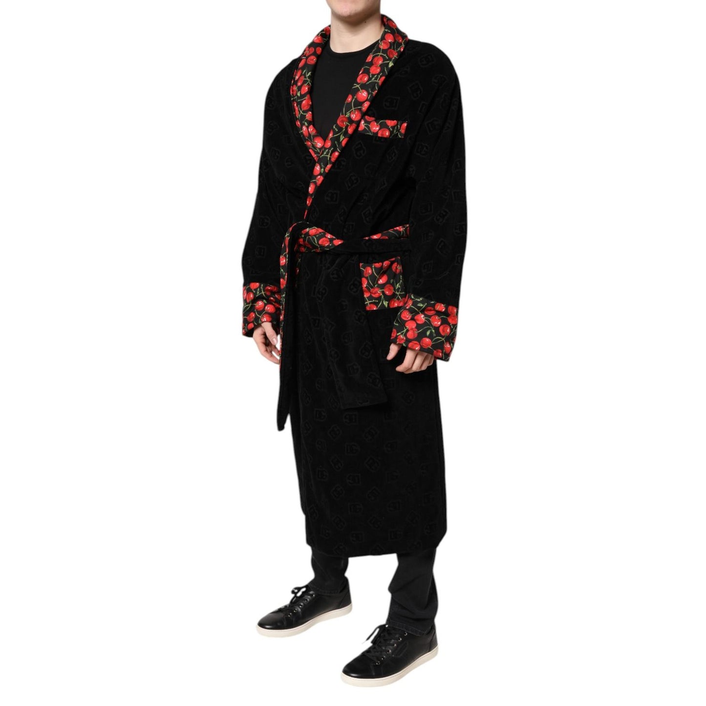 Dolce & Gabbana Black Cherry Print Wrap Robe Men Coat Jacket