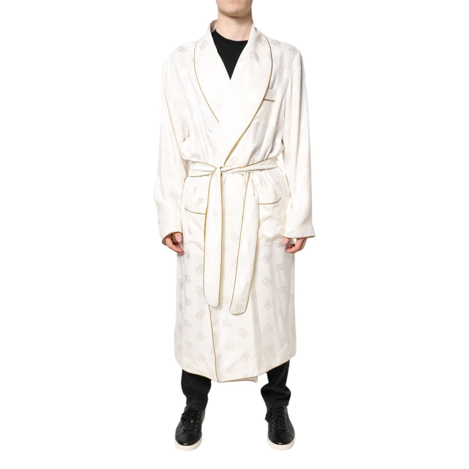 Dolce & Gabbana Ivory Silk Logo Men Wrap Robe Coat Jacket