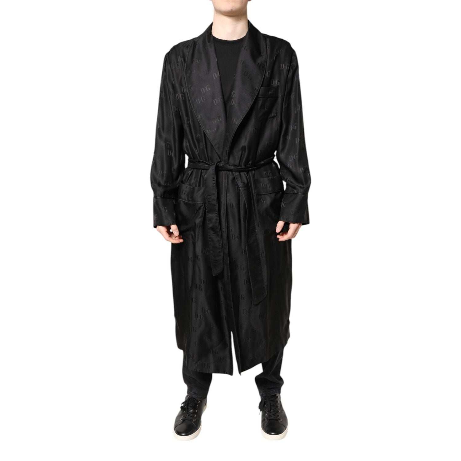 Dolce & Gabbana Black Silk DG Logo Men Wrap Robe Coat Jacket