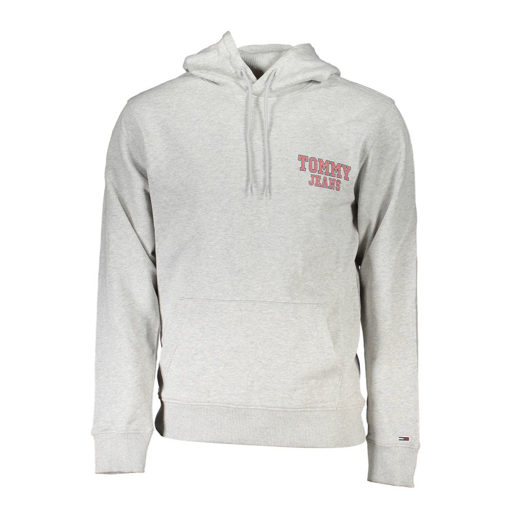 Tommy Hilfiger Gray Cotton Men Sweater with iconic logo and central pocket, stylish long-sleeved hooded sweatshirt for men.