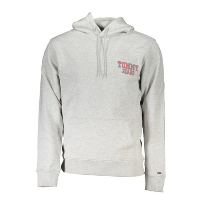Tommy Hilfiger Gray Cotton Men Sweater with iconic logo and central pocket, stylish long-sleeved hooded sweatshirt for men.
