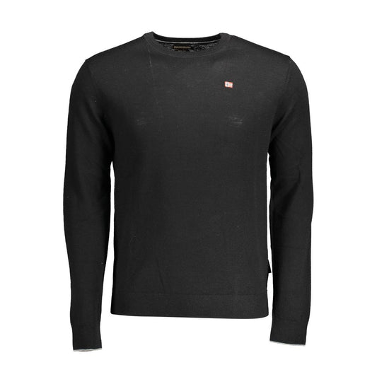 Napapijri Black Wool Men Sweater featuring crew neck and subtle logo embroidery, perfect for cool-weather elegance and comfort.