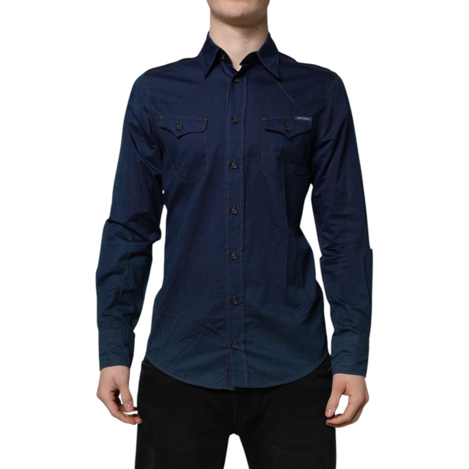 Dolce & Gabbana Blue Cotton GOLD Long Sleeves Casual Shirt