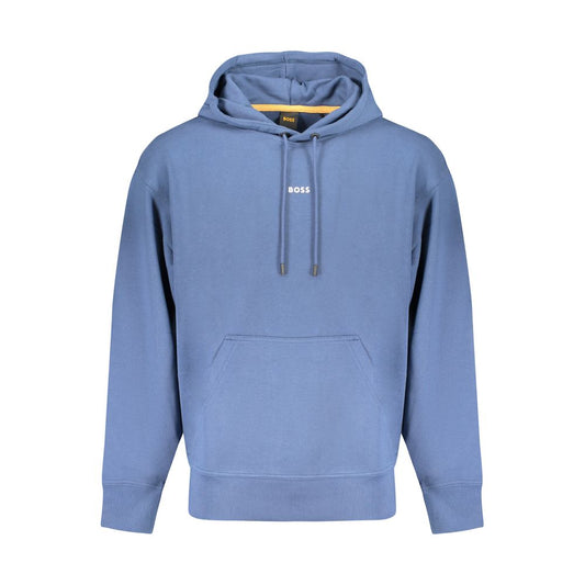 Hugo Boss Blue Cotton Men Sweater with hood, central pocket, and bold print; casual luxury from Hugo Boss, crafted for comfort and style.