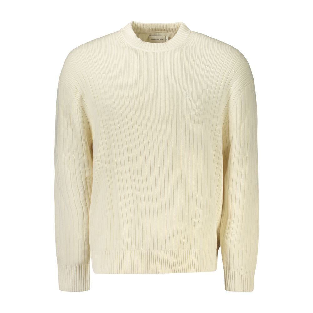 Calvin Klein White Cotton Men Sweater with ribbed texture and logo embroidery.