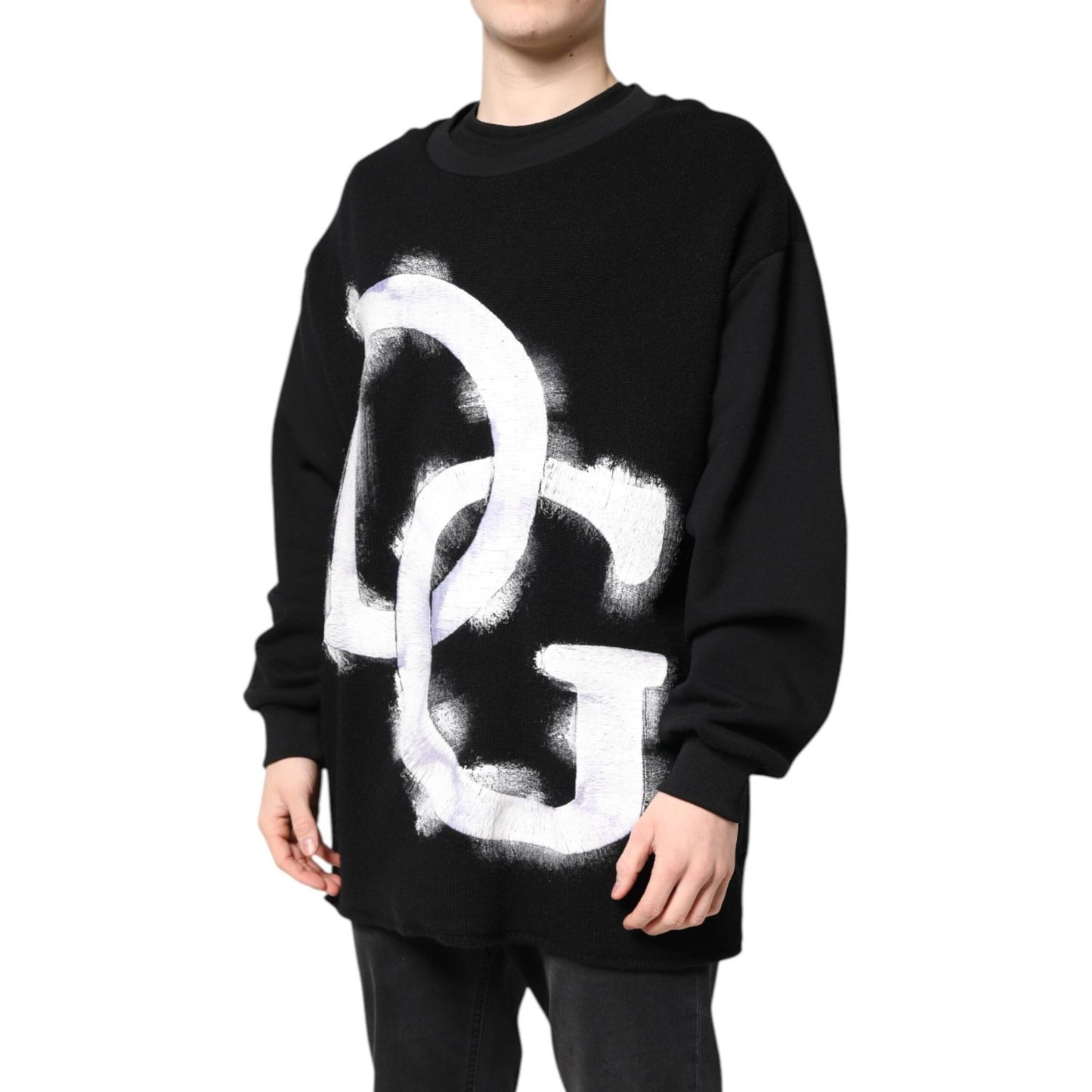 Dolce & Gabbana Black Cotton Logo Print Men Pullover Sweater