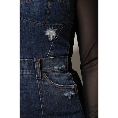 Dolce & Gabbana Black Blue Long Sleeves Denim Mini Dress