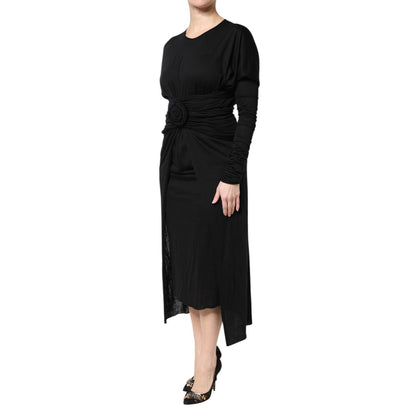 Dolce & Gabbana Black Wool Long Sleeves Sheath Midi Dress