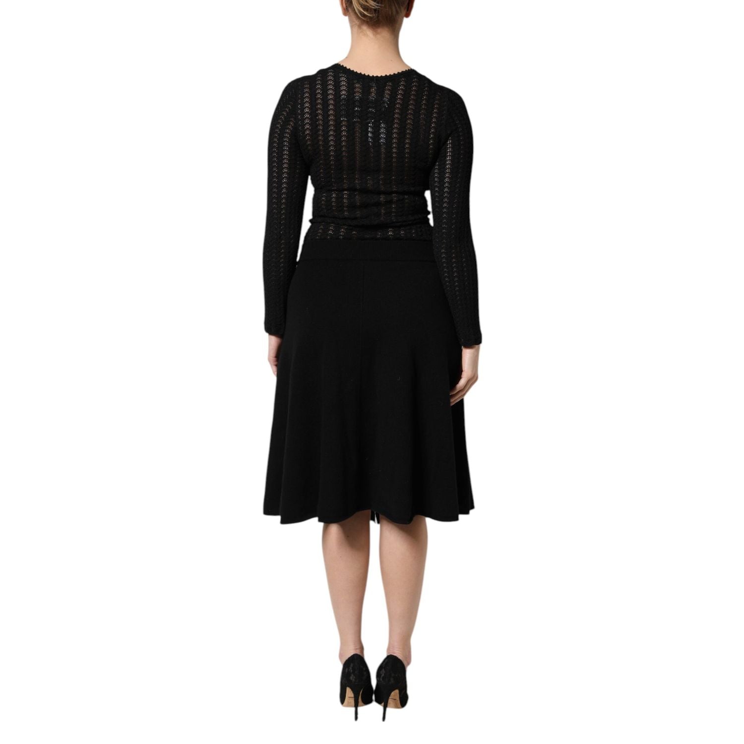 Dolce & Gabbana Black Cashmere Long Sleeves A-line Midi Dress