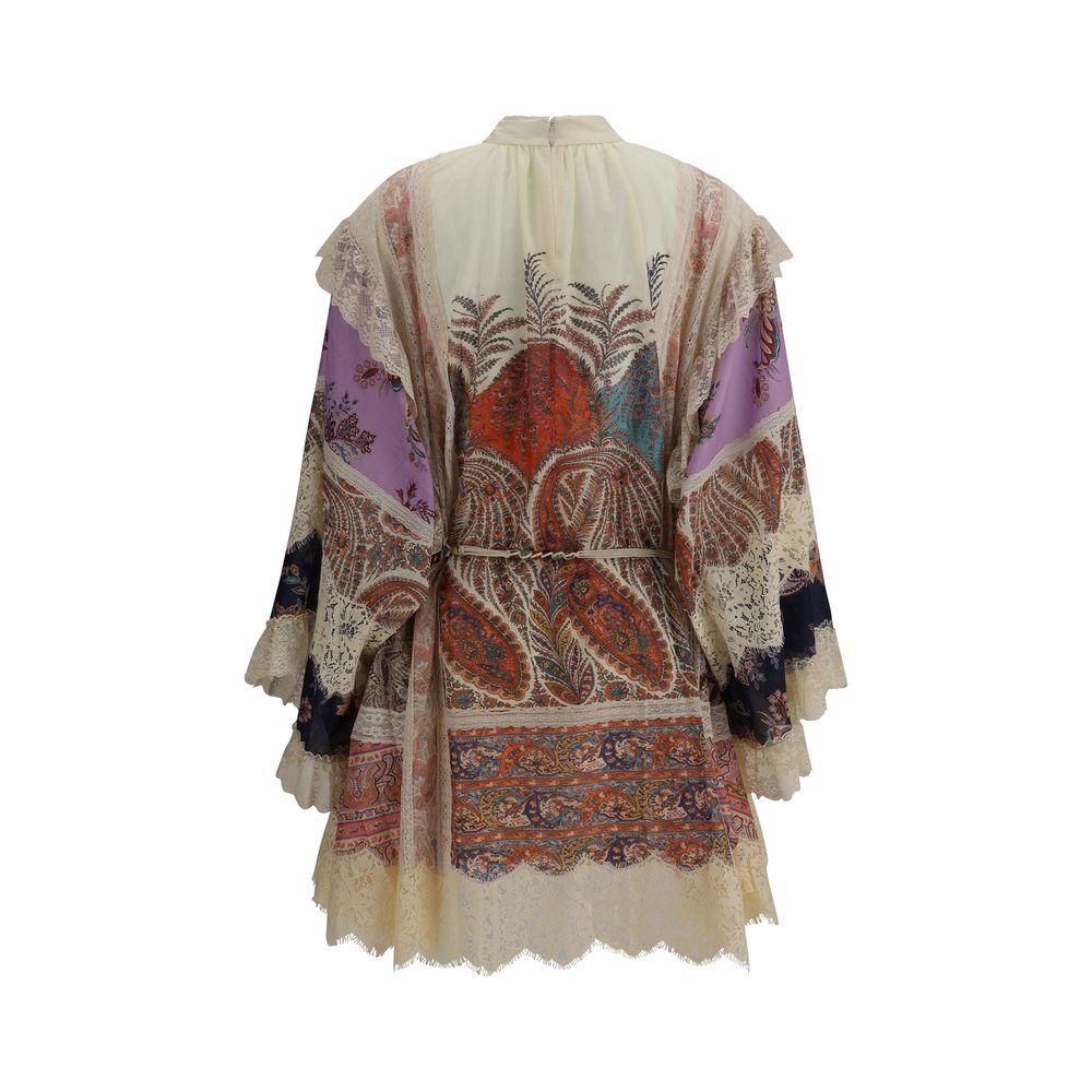 Zimmermann Multicolor Cotton Casual Dress with long wide sleeves, high neck, beaded belt, scalloped hem, and lace trim.
