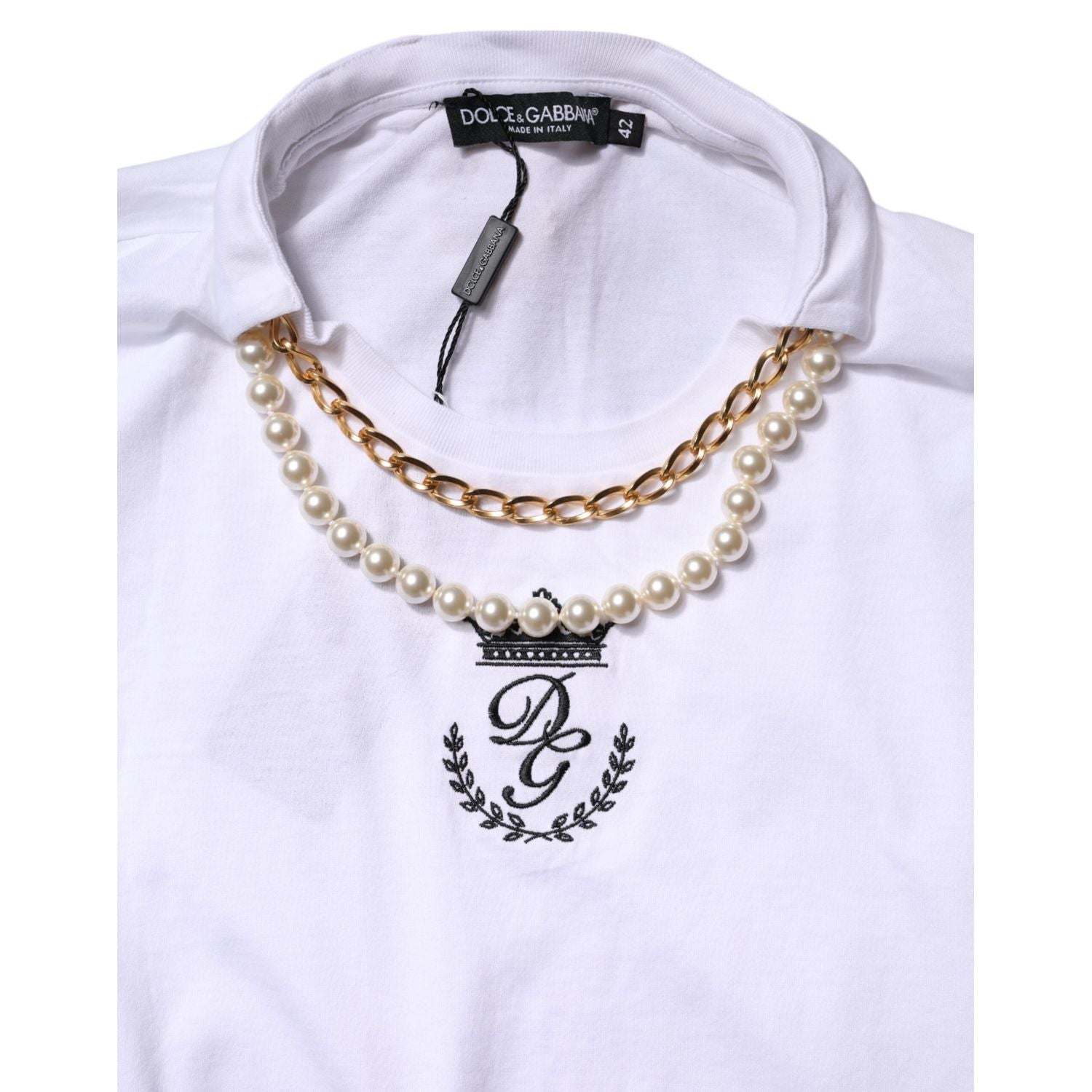 Dolce & Gabbana White Chain Pearl Cotton Round Neck T-shirt