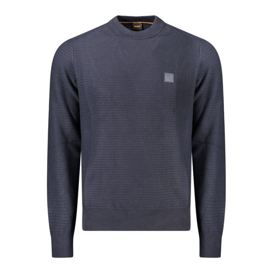 Hugo Boss Blue Cotton Men Sweater with long sleeves and subtle logo detail, featuring a crew neck design for modern style and comfort.