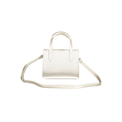 Elegant white handbag with dual handles and adjustable strap on display