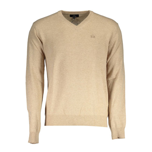 La Martina Beige Wool Men Sweater with V-neck and brand logo embroidered, showcasing sophisticated style and timeless elegance.