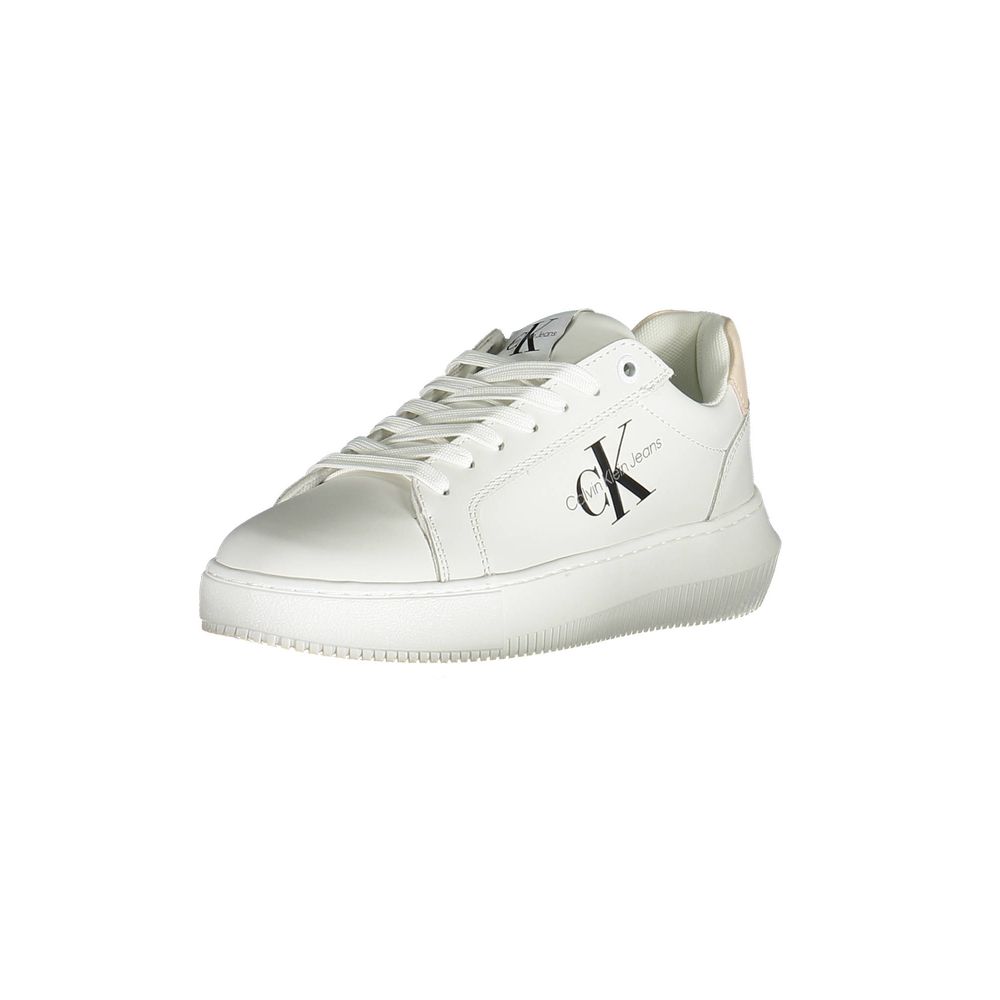 Calvin Klein White Polyester Women Sneaker with lace-up design and iconic logo, made from 50% recycled materials for eco-friendly style.