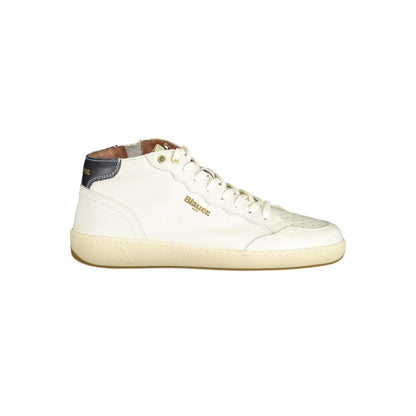 Blauer White Leather Men Sneaker with side zip, classic laces, and Blauer logo, offering urban elegance and personalized comfort.