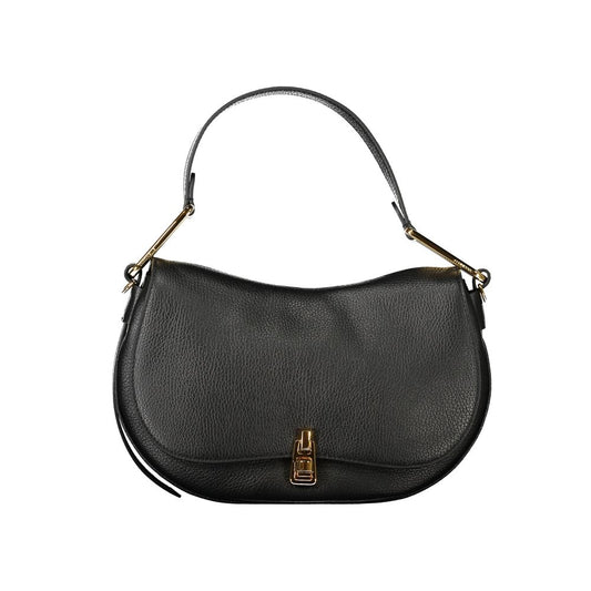 Coccinelle Black Leather Women Handbag with logo, single shoulder handle, and swivel closure, showcasing chic sophistication.