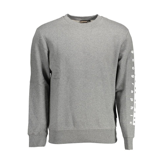 Napapijri Gray Cotton Men Sweater with long sleeves and brand logo, blending comfort and style in versatile gray hue suitable for casual wear.
